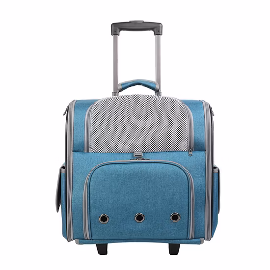 Custom Logo Blue Foldable Portable Pet Carrier Trolley Backpack